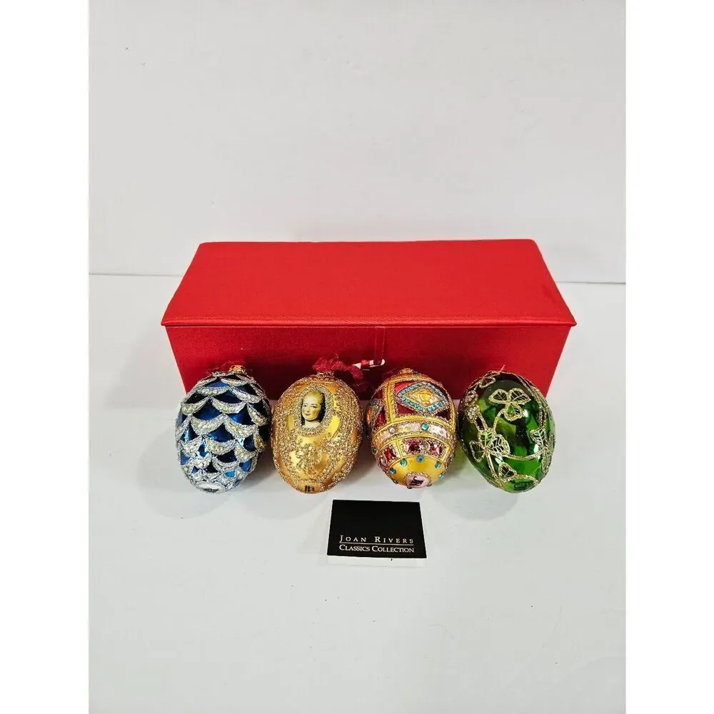 Vintage Joan Rivers Colorful Russian Faberge Style Blown Glass Egg Ornament Set